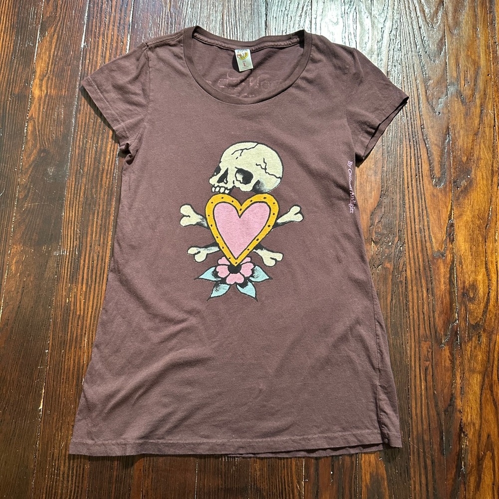 Vintage Ed Hardy Christian Audigier Shirt Womens L Brown Skull Heart MADE IN USA